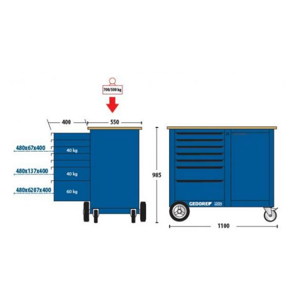Carrinho de Ferramentas Bancada de Madeira Com 7 Gavetas e 1 Porta 98X55X110CM Gedore 1504