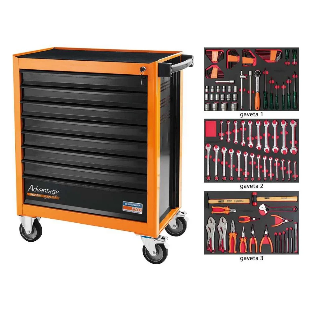 Carrinho de Ferramentas Fechado Com 115 Pecas e 8 Gavetas 46X84X100CM Tramontina Pro 44950/717