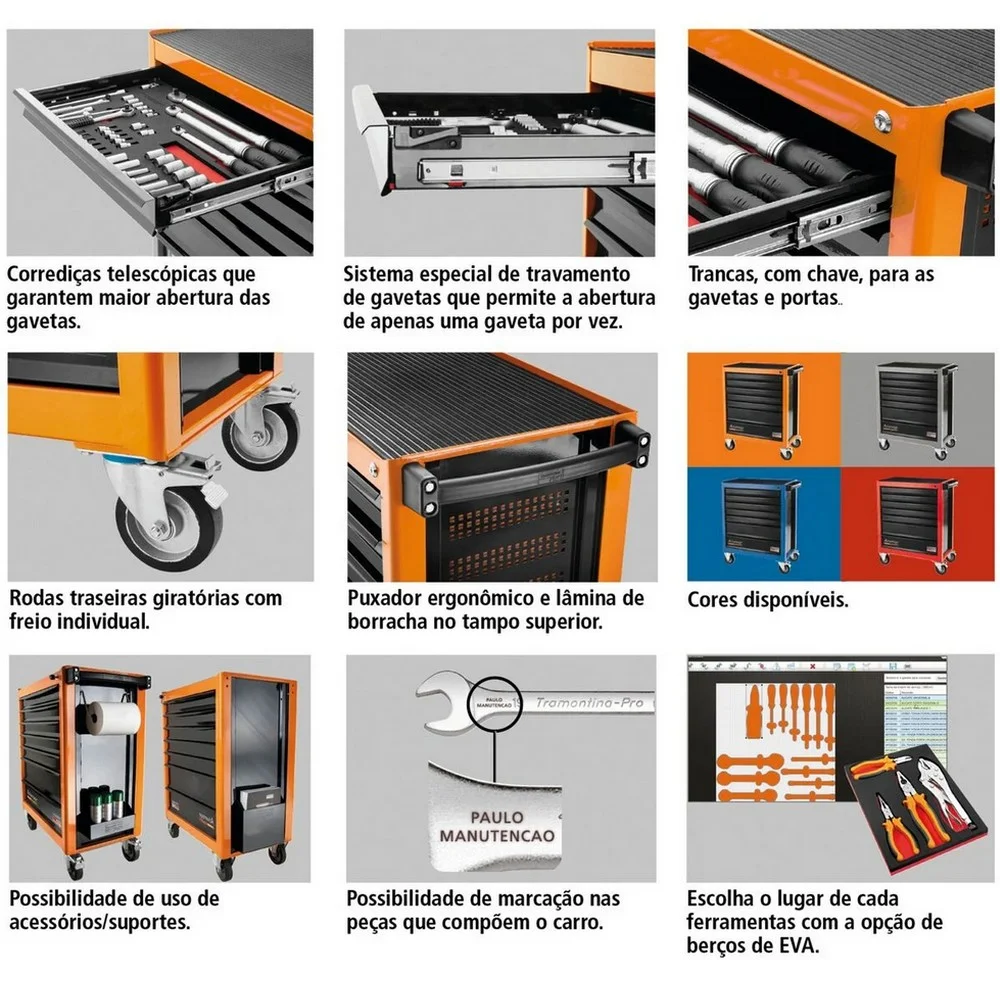 Carrinho de Ferramentas Fechado Com 115 Pecas e 8 Gavetas 46X84X100CM Tramontina Pro 44950/717