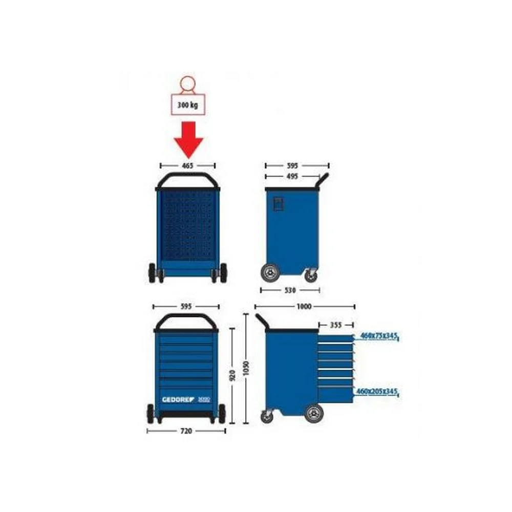 Carrinho de Ferramentas Fechado Com 129 Pecas e 7 Gavetas 88X58X48CM Gedore 3000GM-MIX2