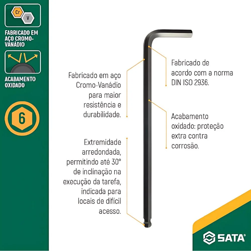 Chave Allen Ponta Bola Longa CRV 8MM Sata ST84709L