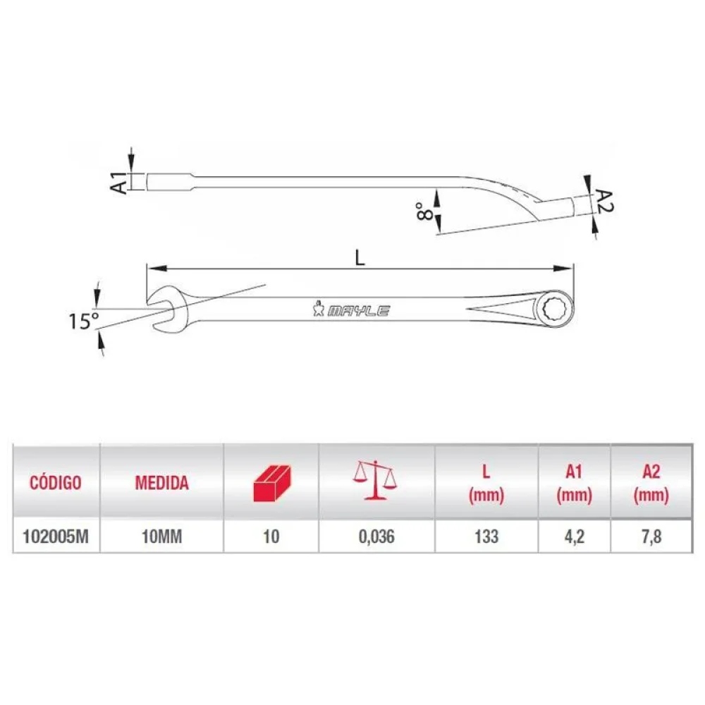 Chave Combinada 15 Graus 10MM Mayle 102005MY