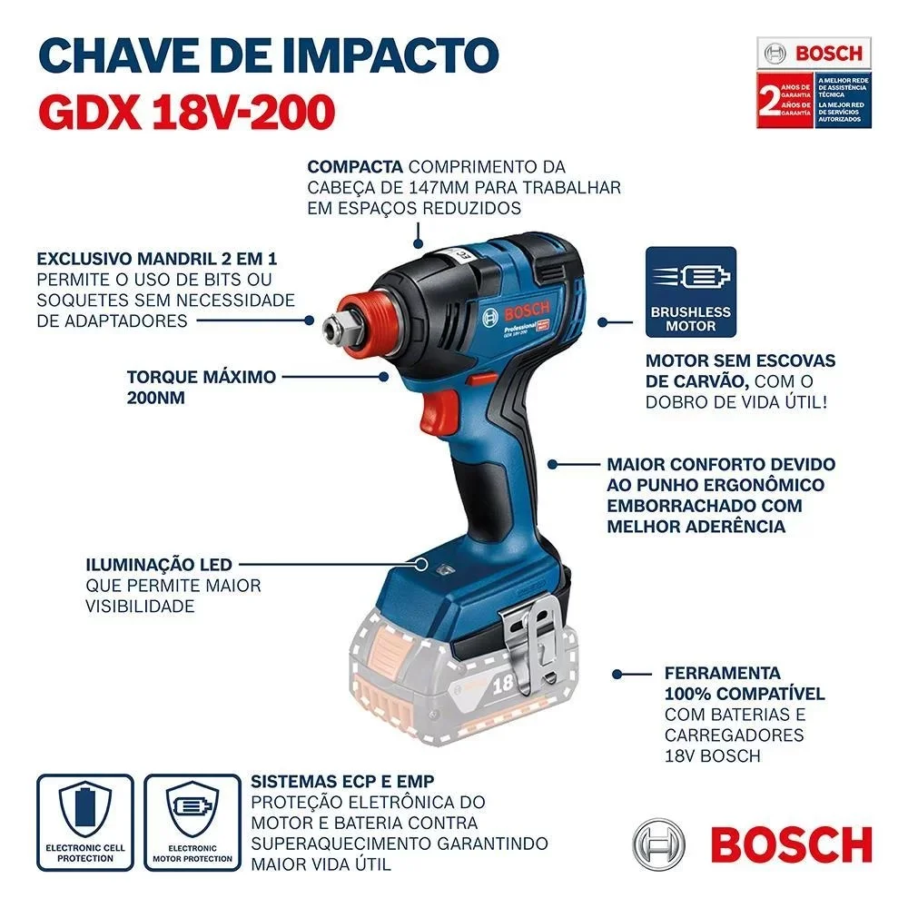 Chave de Impacto a Bateria 18v 200NM Brushless Sem Carregador e Bateria 1/4-1/2" Bosch GDX 18V-200