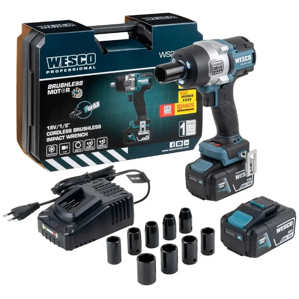 Chave de Impacto a Bateria 18V 700NM Brushless Carregador 2 Baterias 4AH Soquetes 1/2" Bivolt Wesco WS2392K2