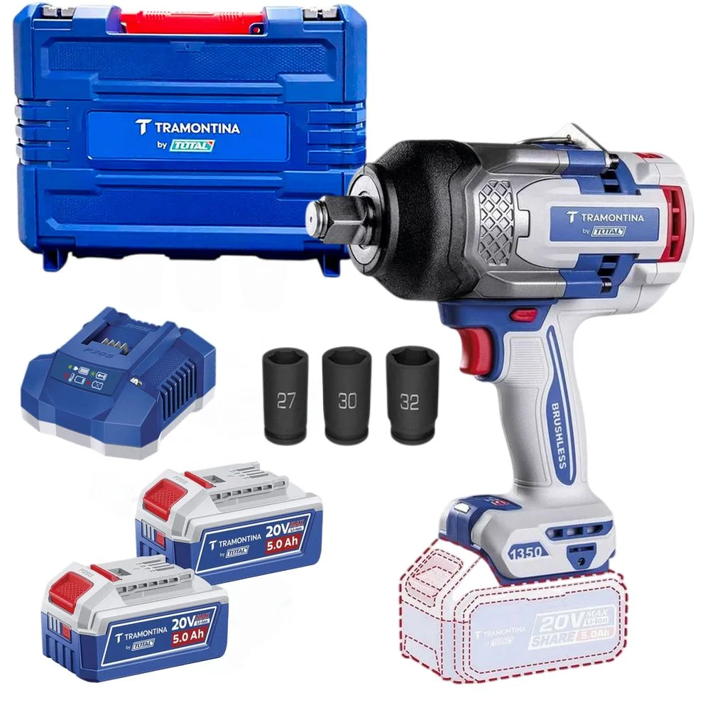 Chave de Impacto a Bateria 20V 1350NM Brushless Maleta Carregador e 2 Baterias 4A 3/4" Bivolt Tramontina by Total 42303/913