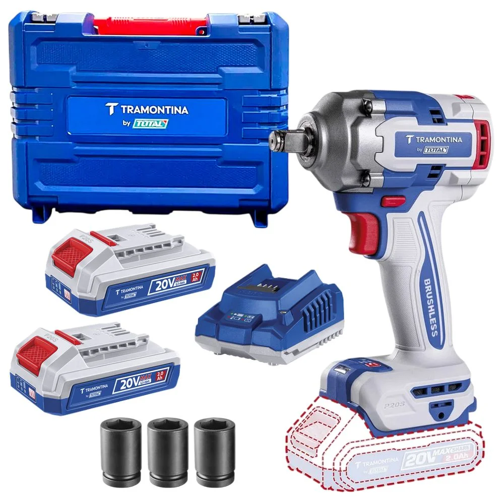 Chave de Impacto a Bateria 20V 405NM Brushless Maleta Carregador e 2 Baterias 2AH 1/2" Bivolt Tramontina by Total 42303/124