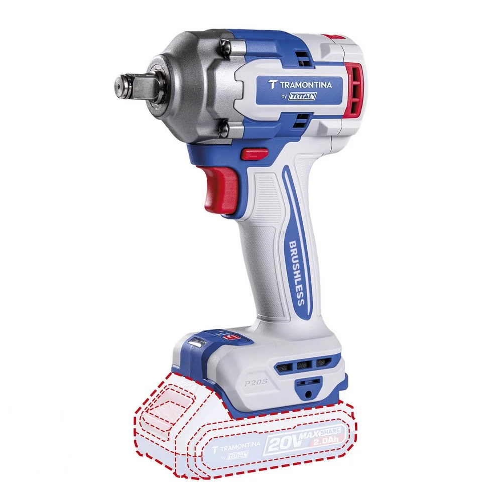 Chave de Impacto a Bateria 20V 405NM Brushless Maleta Carregador e 2 Baterias 2AH 1/2" Bivolt Tramontina Tota 42303/124