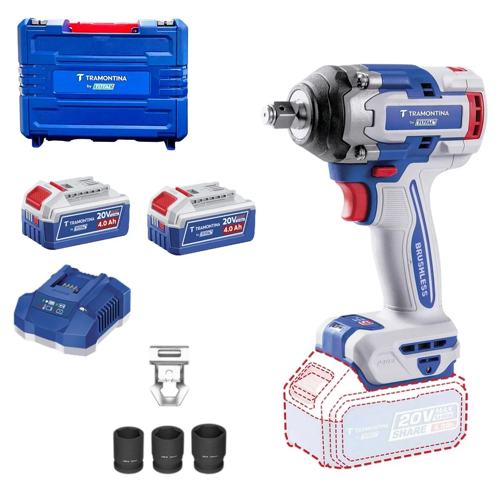 Chave de Impacto a Bateria 20V 550NM Brushless Maleta Carregador e 2 Baterias 4AH 1/2" Bivolt Tramontina by Total 42303/205