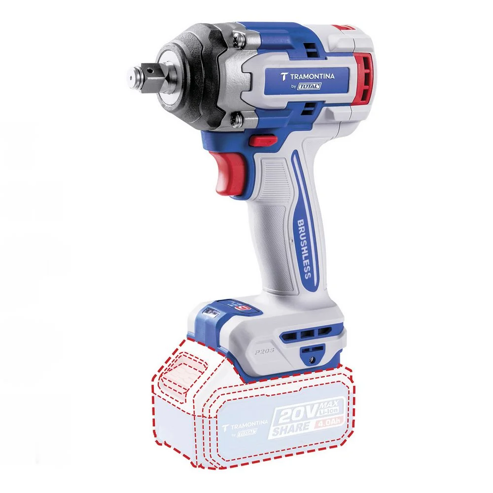 Chave de Impacto a Bateria 20V 550NM Brushless Maleta Carregador e 2 Baterias 4AH 1/2" Bivolt Tramontina by Total 42303/205