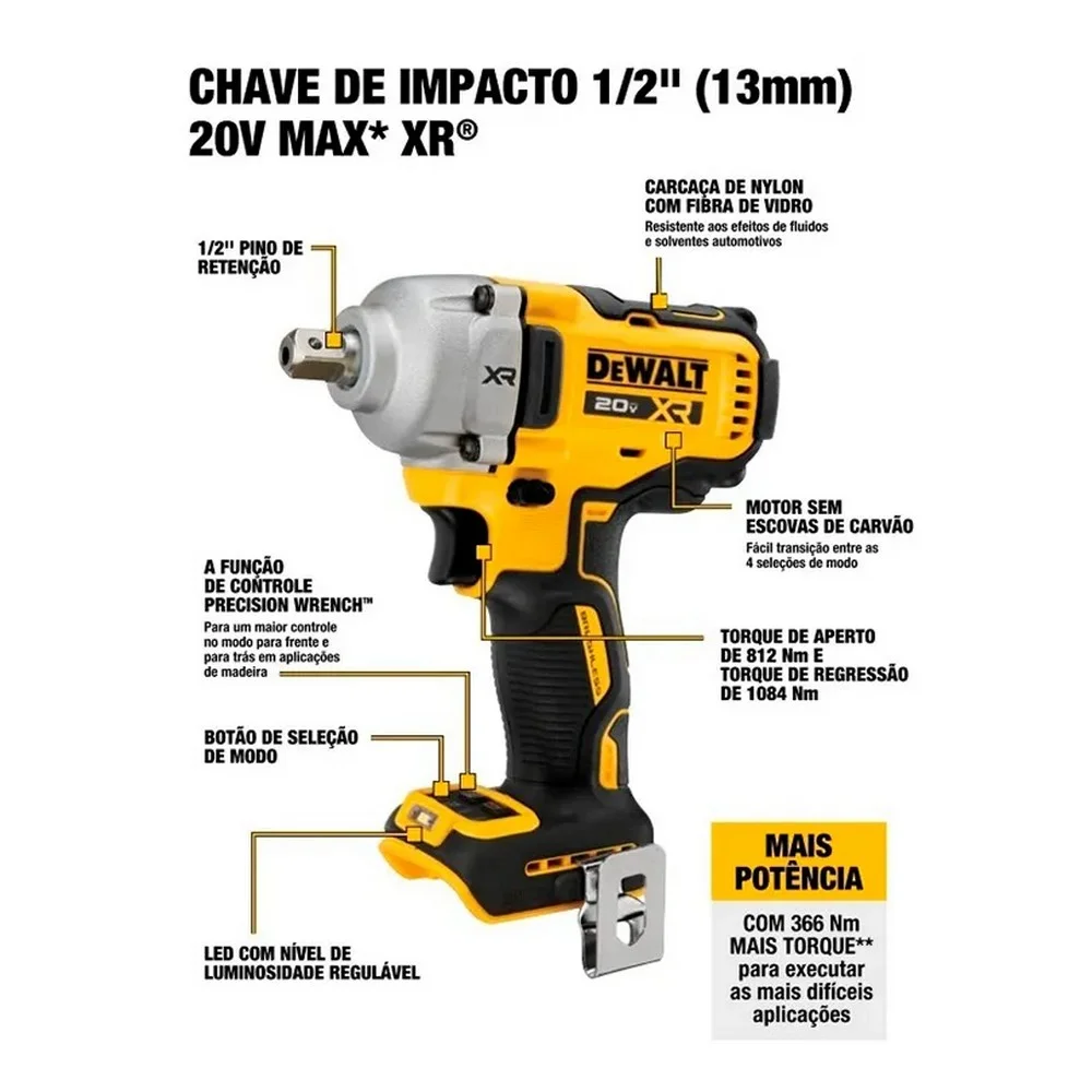 Chave de Impacto a Bateria 20V Max 812NM Brushless Sem Carregador e Bateria 1/2" Dewalt DCF892B-B3
