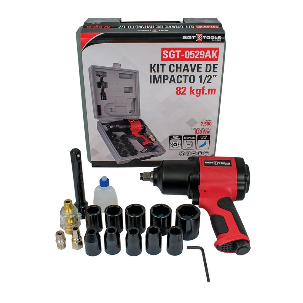 Chave de Impacto Pneumatica 7pcs 820NM Twin Hammer com Maleta e 6acessorios 1/2" Sigma SGT-0529AK