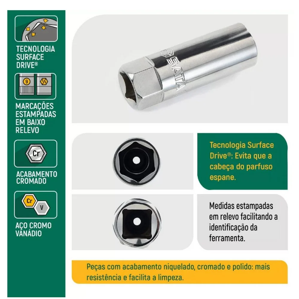 Chave de Vela Tipo Soquete Encaixe 1/2" 16MM Sata ST13915SC
