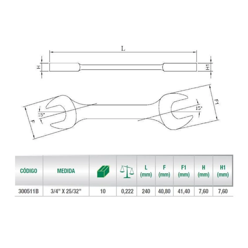 Chave Fixa CRV 3/4X25/32" Belzer 300511B