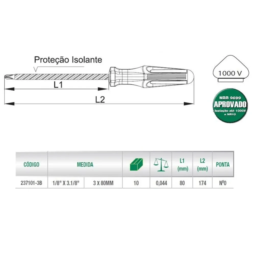 Chave Phillips Haste Isolada 1000V N0 NBR9699 NR10 CRV 1/8X3.1/8" Belzer 237112BN