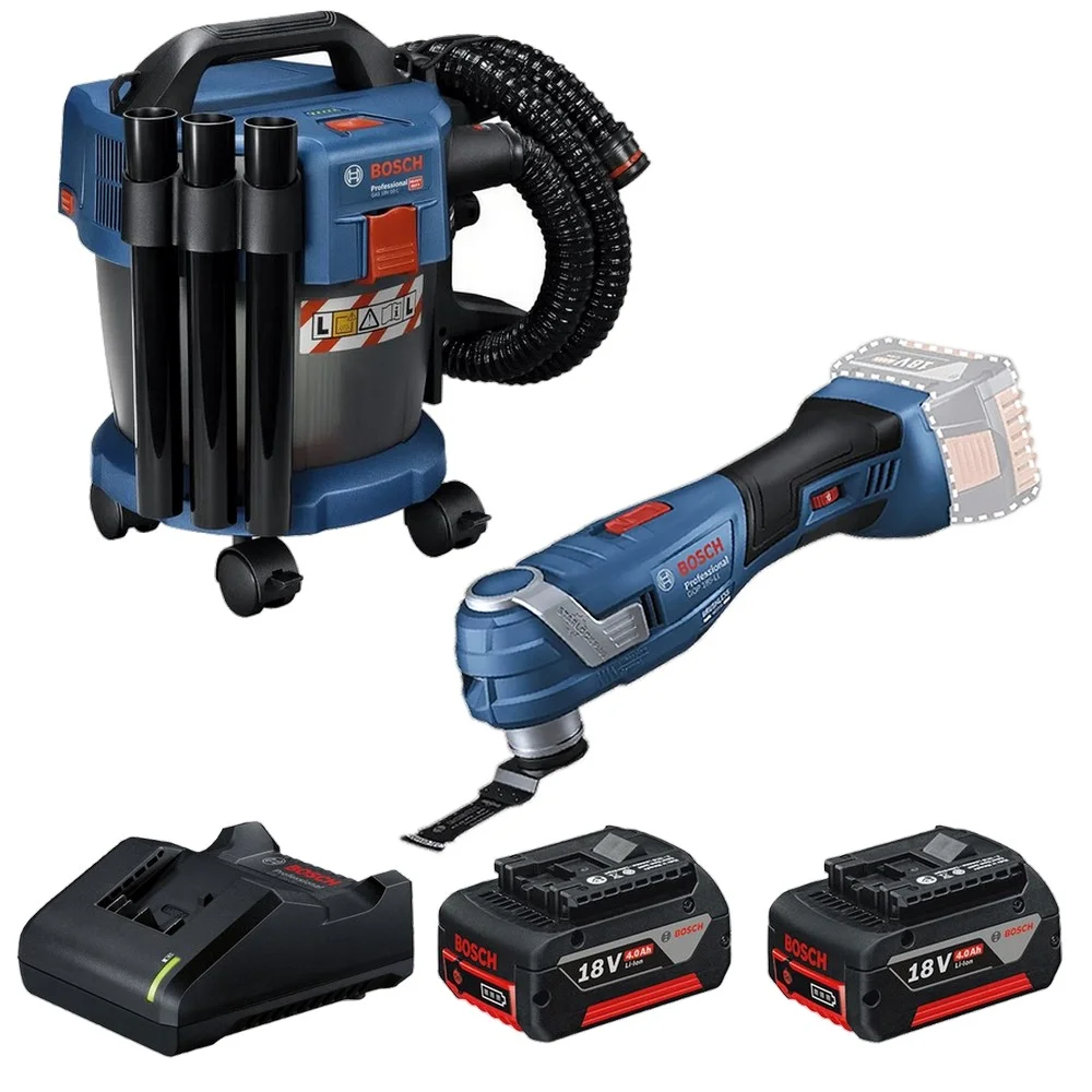 Combo Pague Menos Bosch 18V - Aspirador de Pó 10L+Multicortadora Oscilante+2 Baterias 18V 4ah e Carregador Bivolt BOSCH