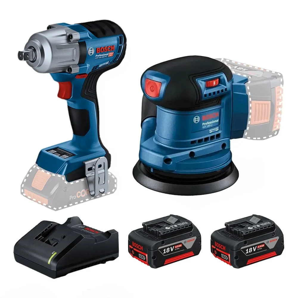 Combo Pague Menos Bosch 18V - Chave de Impacto 1/2" + Lixadeira Roto Orbital 5"-125mm + 2 Baterias 18V 4ah e Carregador Bivolt BOSCH