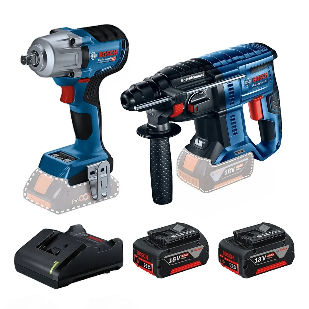 Combo Pague Menos Bosch 18V - Chave de Impacto 1/2" + Martelete Perfurador Rompedor SDS-PLUS + 2 Baterias 18V 4ah e Carregador Bivolt BOSCH