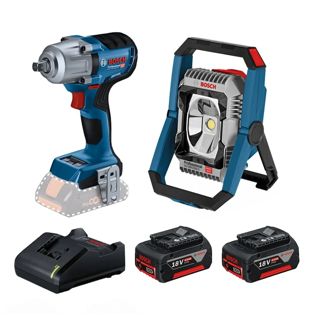 Combo Pague Menos Bosch 18V - Chave de Impacto 1/2" + Refletor de Led 2200 Lumens + 2 Baterias 18V 4ah e Carregador Bivolt BOSCH