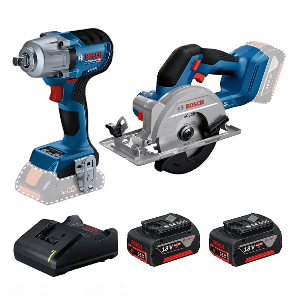 Combo Pague Menos Bosch 18V - Chave de Impacto 1/2" + Serra Circular 140mm + 2 Baterias 18V 4ah e Carregador Bivolt BOSCH