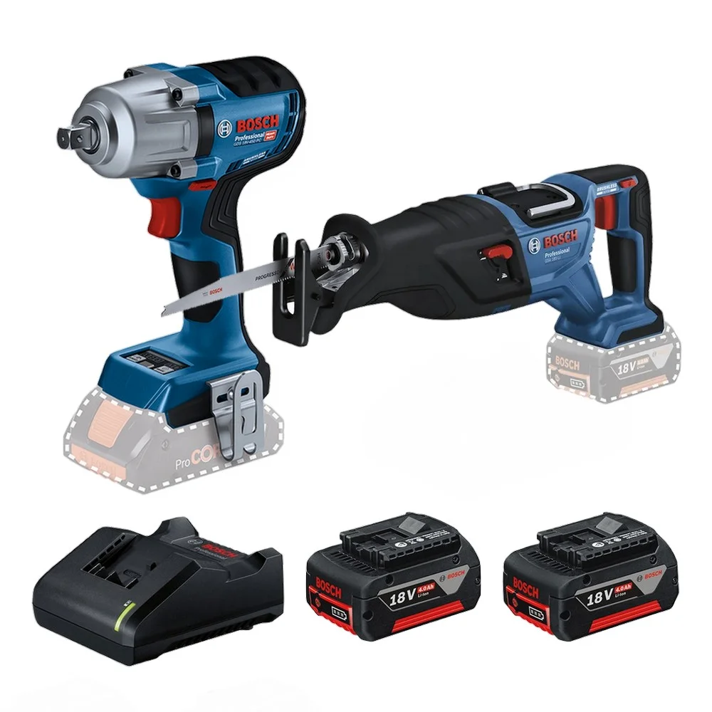 Combo Pague Menos Bosch 18V - Chave de Impacto 1/2" + Serra Sabre + 2 Baterias 18V 4ah e Carregador Bivolt BOSCH