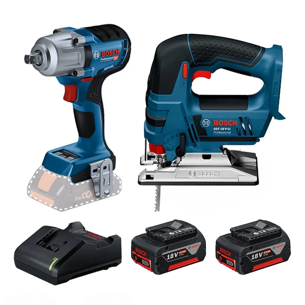 Combo Pague Menos Bosch 18V - Chave de Impacto 1/2" + Serra Tico-Tico 125mm + 2 Baterias 18V 4ah e Carregador Bivolt BOSCH