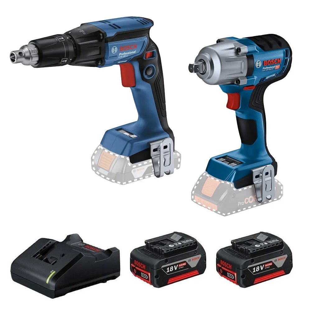 Combo Pague Menos Bosch 18V - Chave de Impacto 1/2"+Parafusadeira de Gesso e Drywall 1/4"+2 Baterias 18V 4ah e Carregador Bivolt BOSCH