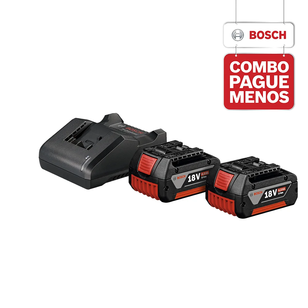 Combo Pague Menos Bosch 18V - Lanterna a Bateria Bosch GLI 18V-1900,18V, com 1900 Lúmens + Plaina Bosch a Bateria GHO 18V-LI, 18V, em Maletacom 2 baterias 18V 4,0Ah 1 carregador BIVOLT GAL 18V-20 e 1 bolsa de transporte