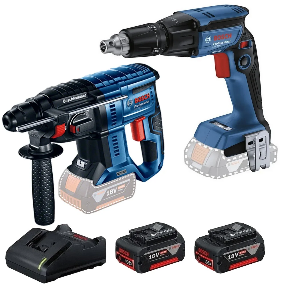 Combo Pague Menos Bosch 18V - Parafusadeira de Gesso e Drywall + Martelete Perfurador Rompedor SDS-PLUS + 2 Baterias 18V 4ah e Carregador Bivolt BOSCH