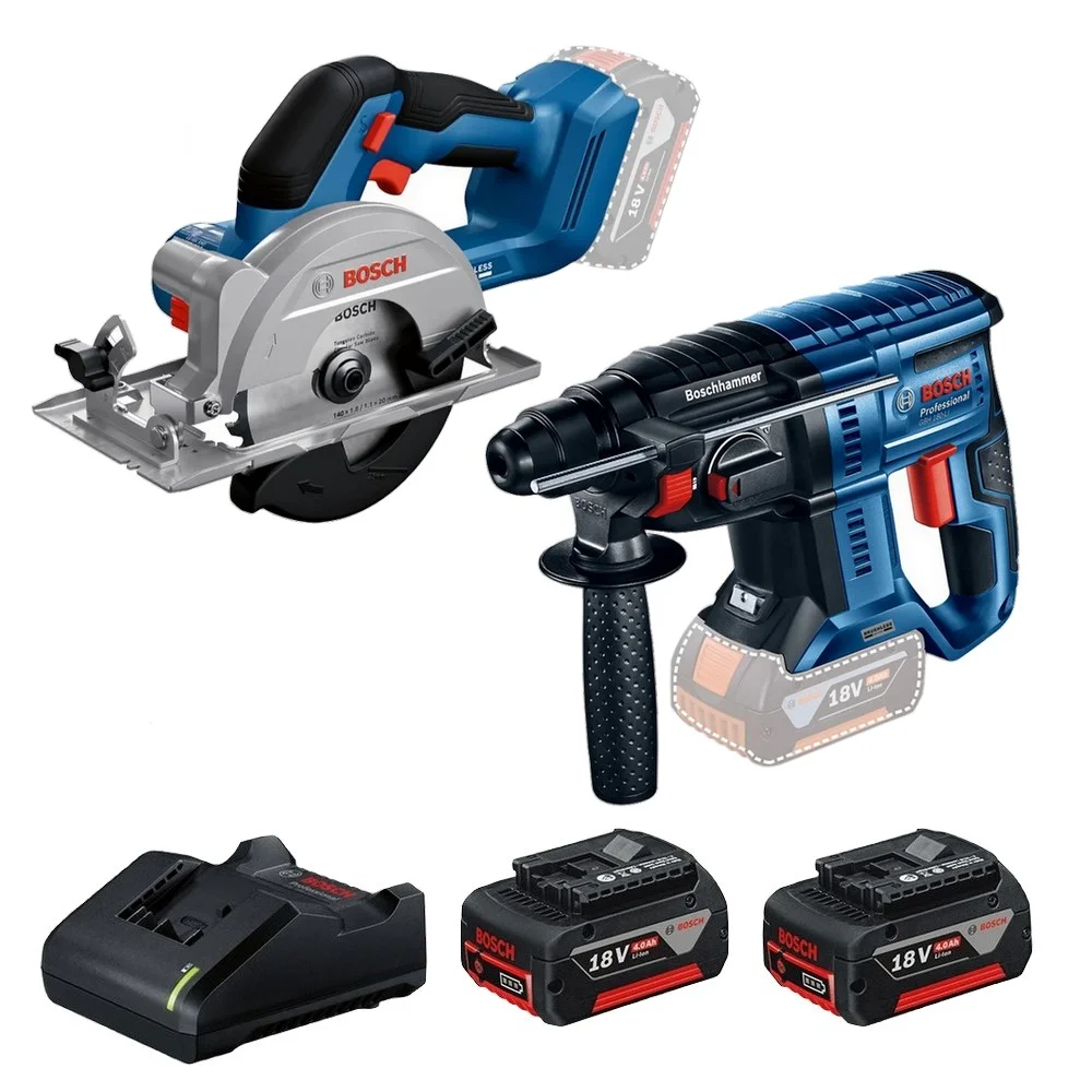 Combo Pague Menos Bosch 18V - Martelete Perfurador Rompedor SDS-PLUS + Serra Circular 140mm + 2 Baterias 18V 4ah e Carregador Bivolt BOSCH