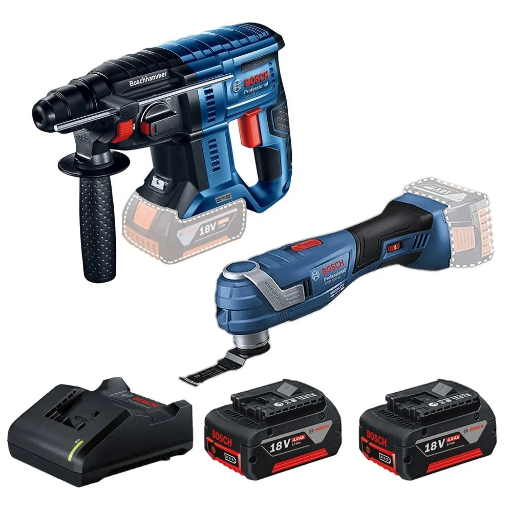 Combo Pague Menos Bosch 18V - Multicortadora Oscilante+Martelete Perfurador Rompedor SDS-PLUS+2 Baterias 18V 4ah e Carregador Bivolt BOSCH