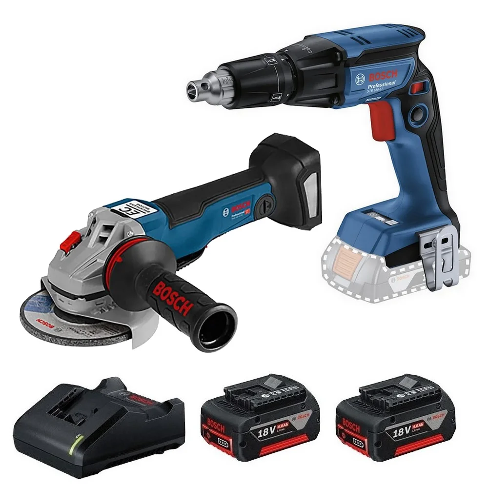 Combo Pague Menos Bosch 18V - Parafusadeira de Gesso e Drywall 1/4" + Esmerilhadeira 5" + 2 Baterias 18V 4ah e Carregador Bivolt BOSCH
