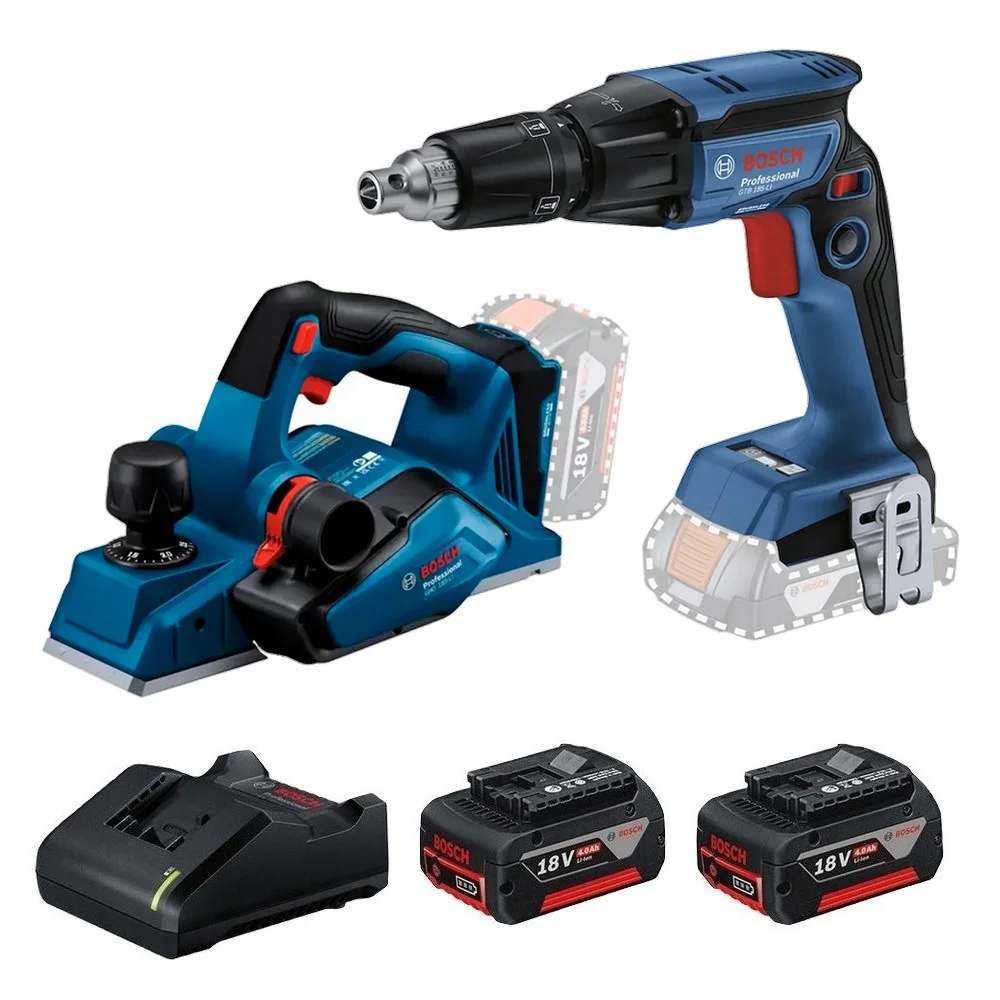 Combo Pague Menos Bosch 18V - Parafusadeira de Gesso e Drywall 1/4" + Plaina 82mm + 2 Baterias 18V 4ah e Carregador Bivolt BOSCH