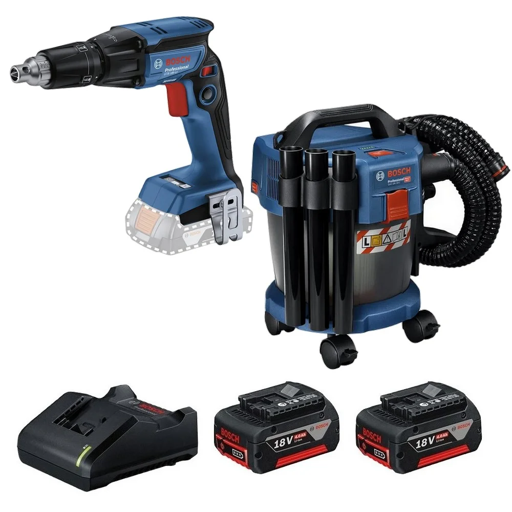 Combo Pague Menos Bosch 18V - Parafusadeira de Gesso e Drywall 1/4"+Aspirador de Pó 10L+2 Baterias 18V 4ah e Carregador Bivolt BOSCH