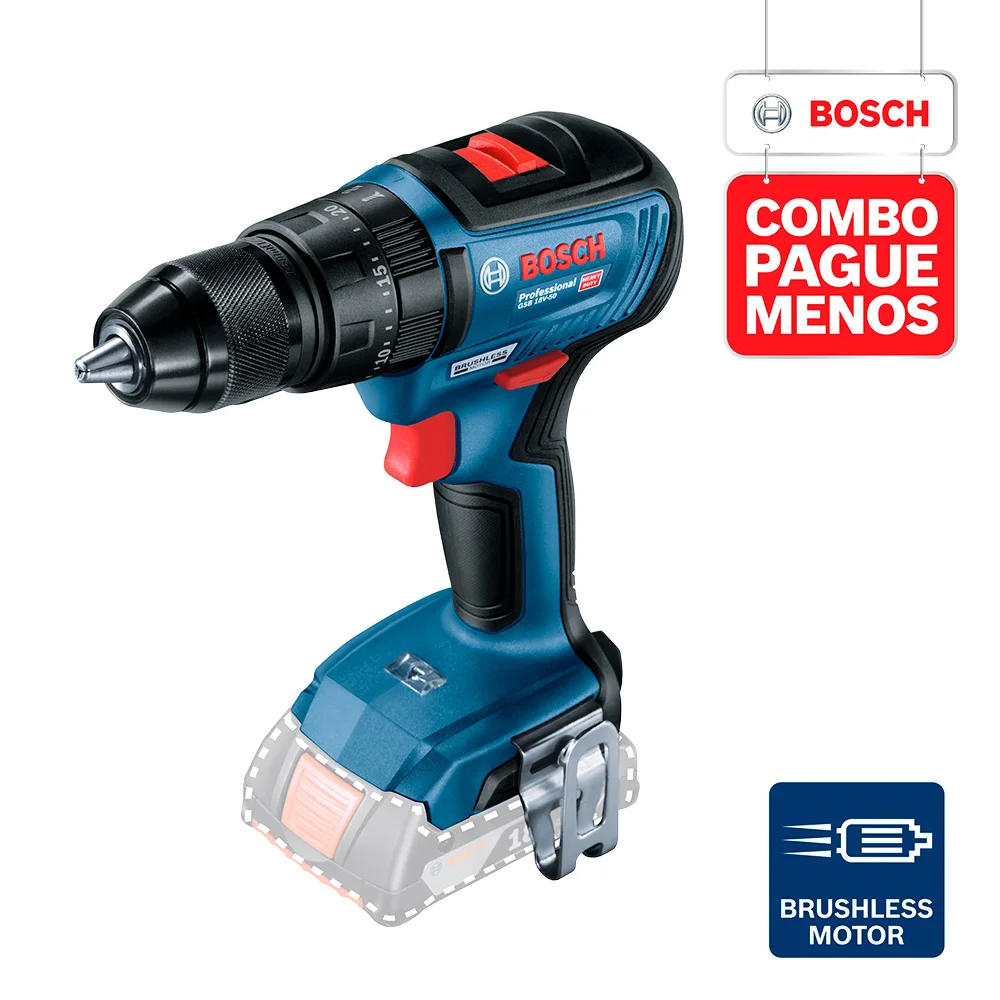 Combo Pague Menos Bosch 18V - Parafusadeira e Furadeira de Impacto de ½" Bosch GSB 18V-50, 18V + Chave de Impacto a Bateria de ¼ e ½" Bosch GDX 18V-200, 200Nm, 18V, em Maletacom 2 baterias 18V 4,0Ah 1 carregador BIVOLT GAL 18V-20 1 bolsa transporte