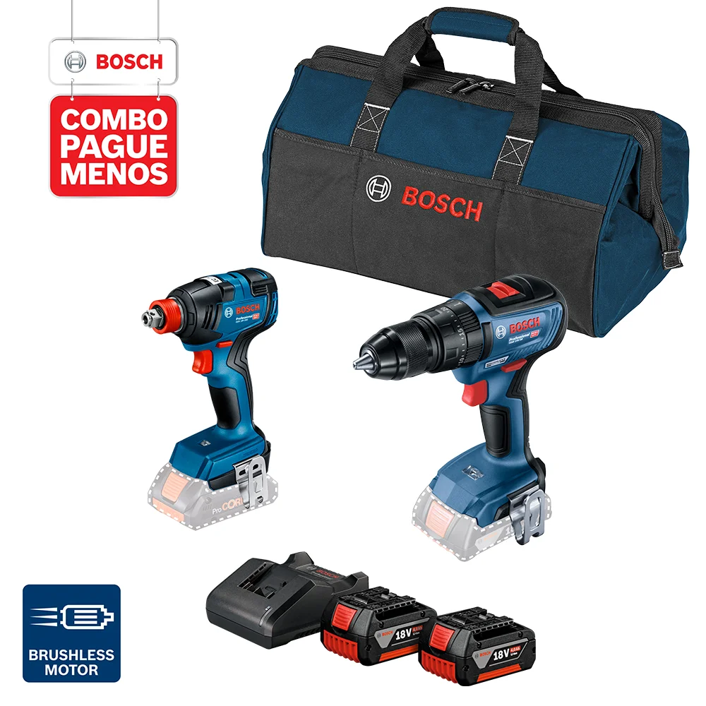 Combo Pague Menos Bosch 18V - Parafusadeira e Furadeira de Impacto de ½" Bosch GSB 18V-50, 18V + Chave de Impacto a Bateria de ¼ e ½" Bosch GDX 18V-200, 200Nm, 18V, em Maletacom 2 baterias 18V 4,0Ah 1 carregador BIVOLT GAL 18V-20 1 bolsa transporte