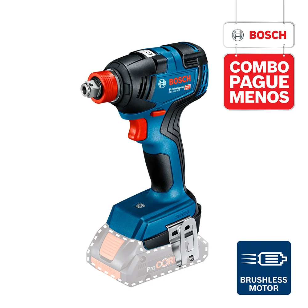 Combo Pague Menos Bosch 18V - Parafusadeira e Furadeira de Impacto de ½" Bosch GSB 18V-50, 18V + Chave de Impacto a Bateria de ¼ e ½" Bosch GDX 18V-200, 200Nm, 18V, em Maletacom 2 baterias 18V 4,0Ah 1 carregador BIVOLT GAL 18V-20 1 bolsa transporte