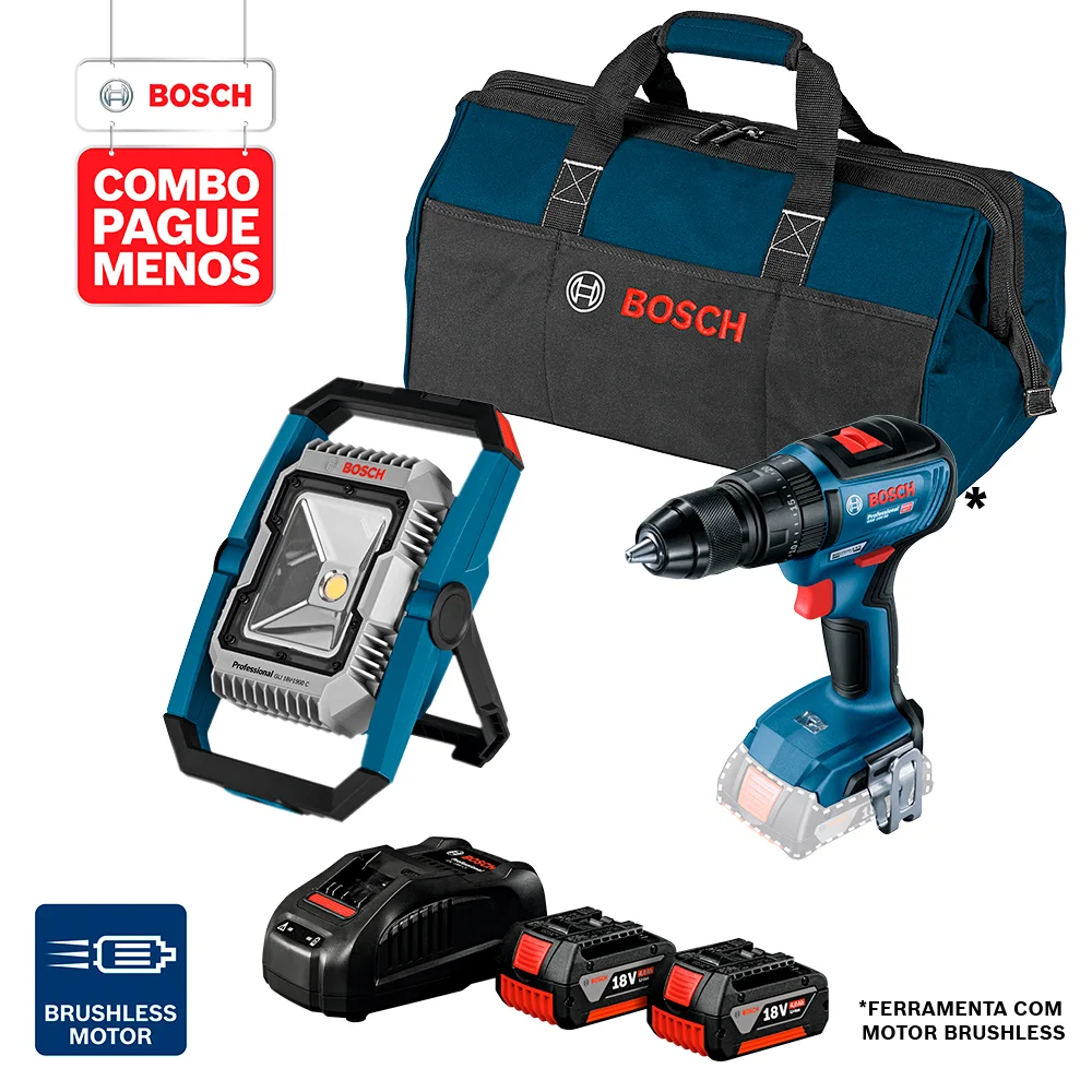 Combo Pague Menos Bosch 18V - Parafusadeira e Furadeira de Impacto de ½" Bosch GSB 18V-50, 18V + Lanterna a Bateria Bosch GLI 18V-1900,18V, com 1900 Lúmens, com 2 baterias 18V 4,0Ah 1 carregador rápido 220V GAL 1880 CV e 1 bolsa de transporte