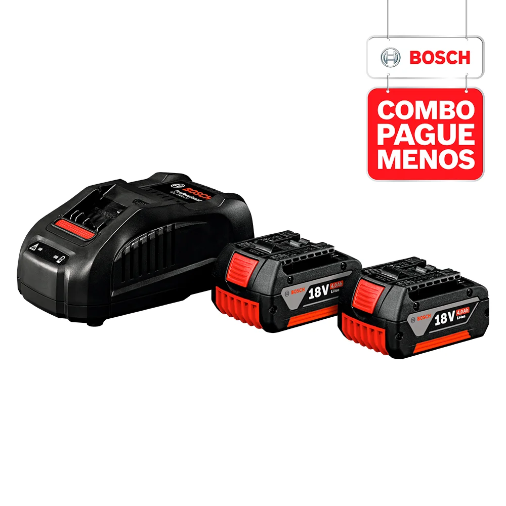 Combo Pague Menos Bosch 18V - Parafusadeira e Furadeira de Impacto de ½" Bosch GSB 18V-50, 18V + Lanterna a Bateria Bosch GLI 18V-1900,18V, com 1900 Lúmens, com 2 baterias 18V 4,0Ah 1 carregador rápido 220V GAL 1880 CV e 1 bolsa de transporte