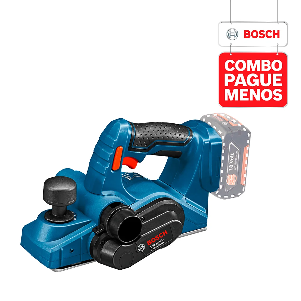 Combo Pague Menos Bosch 18V - Parafusadeira e Furadeira de Impacto de ½" Bosch GSB 18V-50, 18V + Plaina Bosch a Bateria GHO 18V-LI, 18V, em Maletacom 2 baterias 18V 4,0Ah 1 carregador BIVOLT GAL 18V-20 e 1 bolsa de transporte
