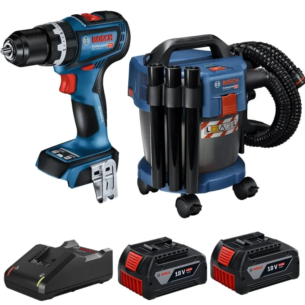 Combo Pague Menos Bosch 18V - Parafusadeira Furadeira Impacto 1/2" + Aspirador de Pó 10L+2 Baterias 18V 4ah e Carregador Bivolt BOSCH