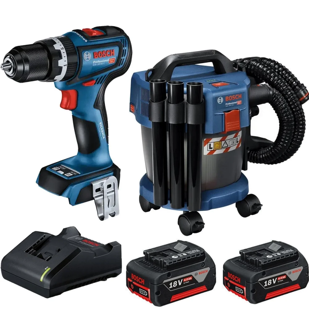 Combo Pague Menos Bosch 18V - Parafusadeira Furadeira Impacto 1/2" + Aspirador de Pó 10L+2 Baterias 18V 4ah e Carregador Bivolt BOSCH