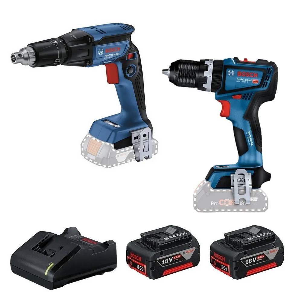 Combo Pague Menos Bosch 18V - Parafusadeira Furadeira Impacto 1/2"+Parafusadeira de Gesso e Drywall 1/4"+2 Baterias 18V 4ah e Carregador Bivolt BOSCH