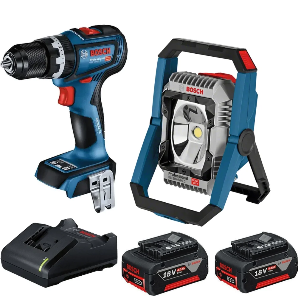 Combo Pague Menos Bosch 18V - Parafusadeira Furadeira Impacto 1/2"+Refletor de Led 2200 lumens+2 Baterias 18V 4ah e Carregador Bivolt BOSCH