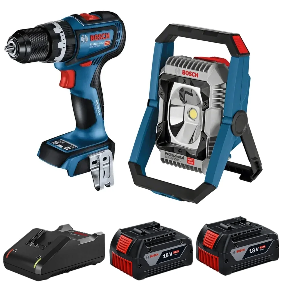 Combo Pague Menos Bosch 18V - Parafusadeira Furadeira Impacto 1/2"+Refletor de Led 2200 lumens+2 Baterias 18V 4ah e Carregador Bivolt BOSCH