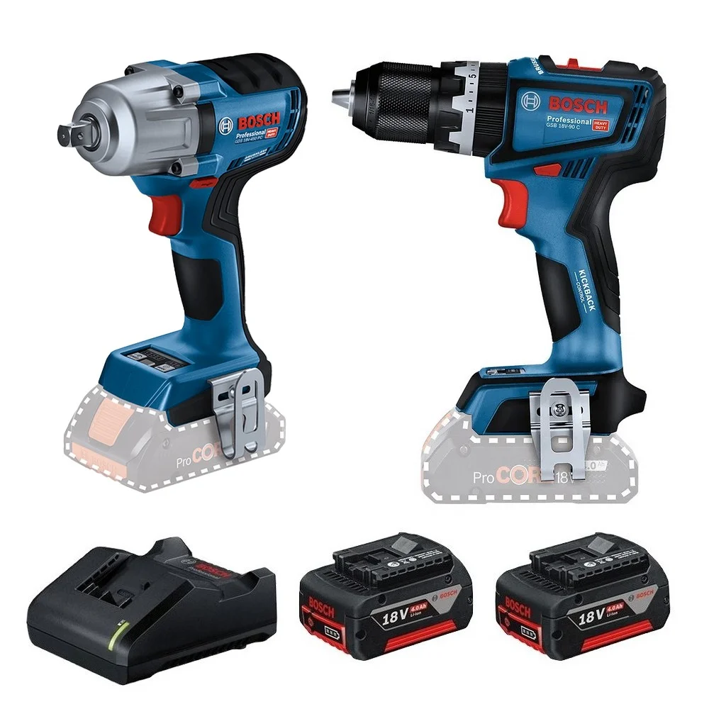 Combo Pague Menos Bosch 18V - Parafusadeira Furadeira Impacto Bateria 1/2" + Chave de Impacto a Bateria e Kit 2 Baterias 18V 4ah e Carregador Gal 18V-40 Bivolt
