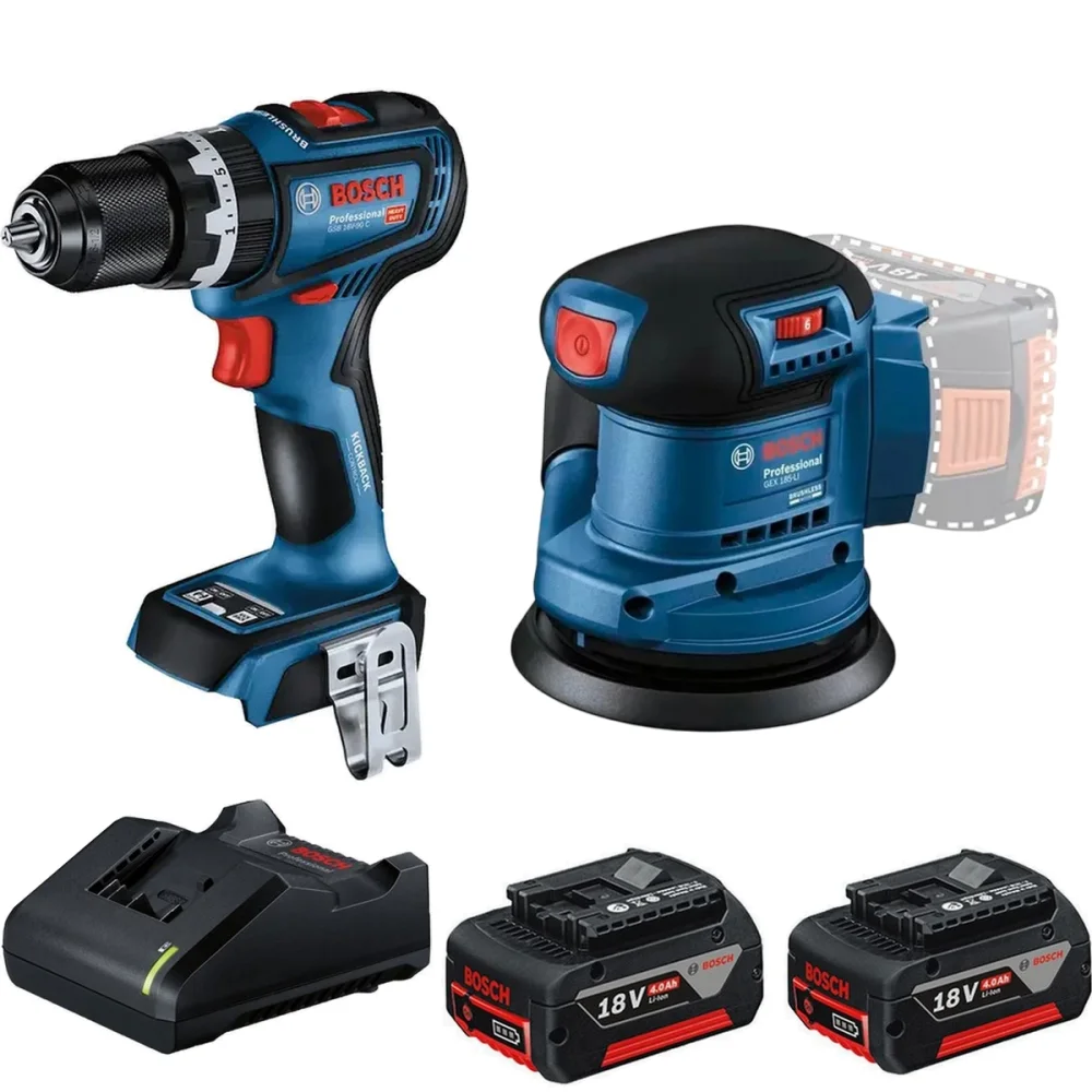 Combo Pague Menos Bosch 18V - Parafusadeira Furadeira Impacto Bateria 1/2" + Lixadeira Roto Orbital 5"-125mm + 2 Baterias 18V 4ah e Carregador Bivolt BOSCH