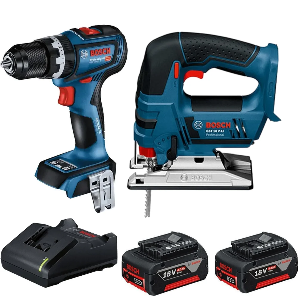 Combo Pague Menos Bosch 18V - Parafusadeira Furadeira Impacto Bateria 1/2" +Serra Tico-Tico 125mm +2 Baterias 18V 4ah e Carregador Bivolt BOSCH