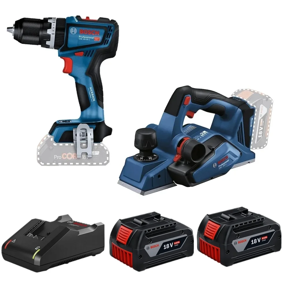 Combo Pague Menos Bosch 18V - Parafusadeira Furadeira Impacto Bateria 1/2"+Plaina 82mm+2 Baterias 18V 4ah e Carregador Bivolt BOSCH