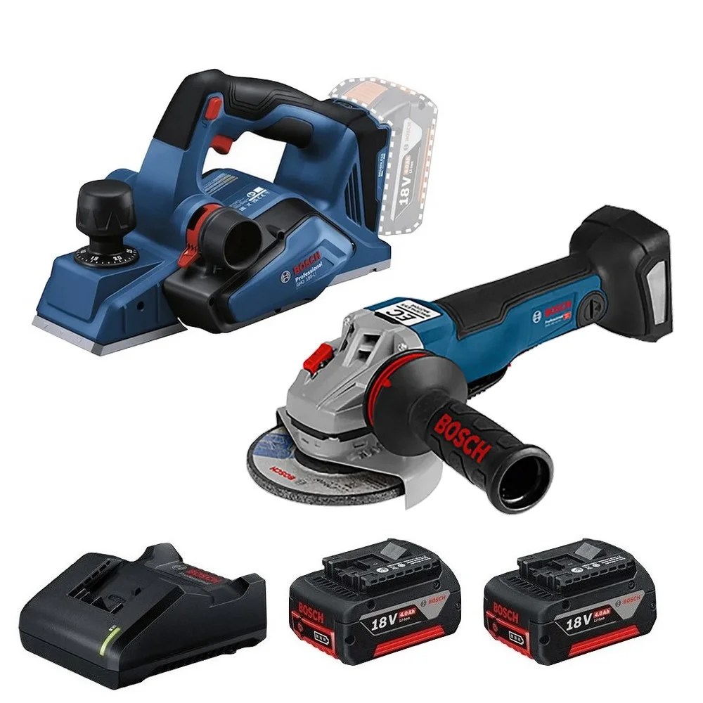 Combo Pague Menos Bosch 18V - Plaina 82mm + Esmerilhadeira 5" + 2 Baterias 18V 4ah e Carregador Bivolt BOSCH