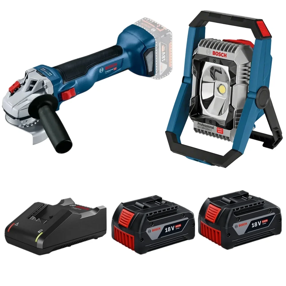 Combo Pague Menos Bosch 18V - Refletor de Led 2200 Lumens + Esmerilhadeira Angular 5" + 2 Baterias 18V 4ah e Carregador Bivolt BOSCH